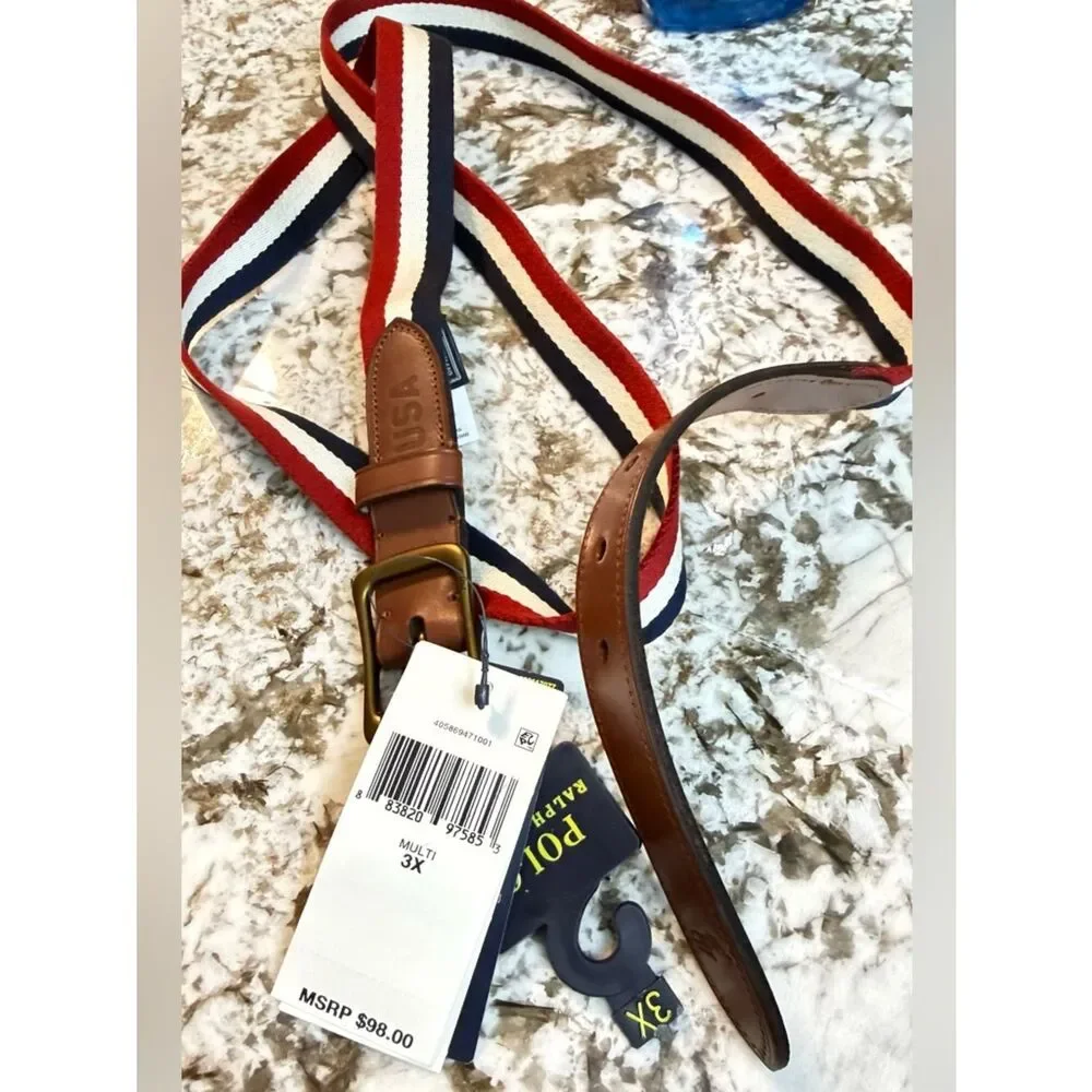Polo Ralph Lauren Men’s 3X Striped Belt Leather Trim Golf Preppy XXL